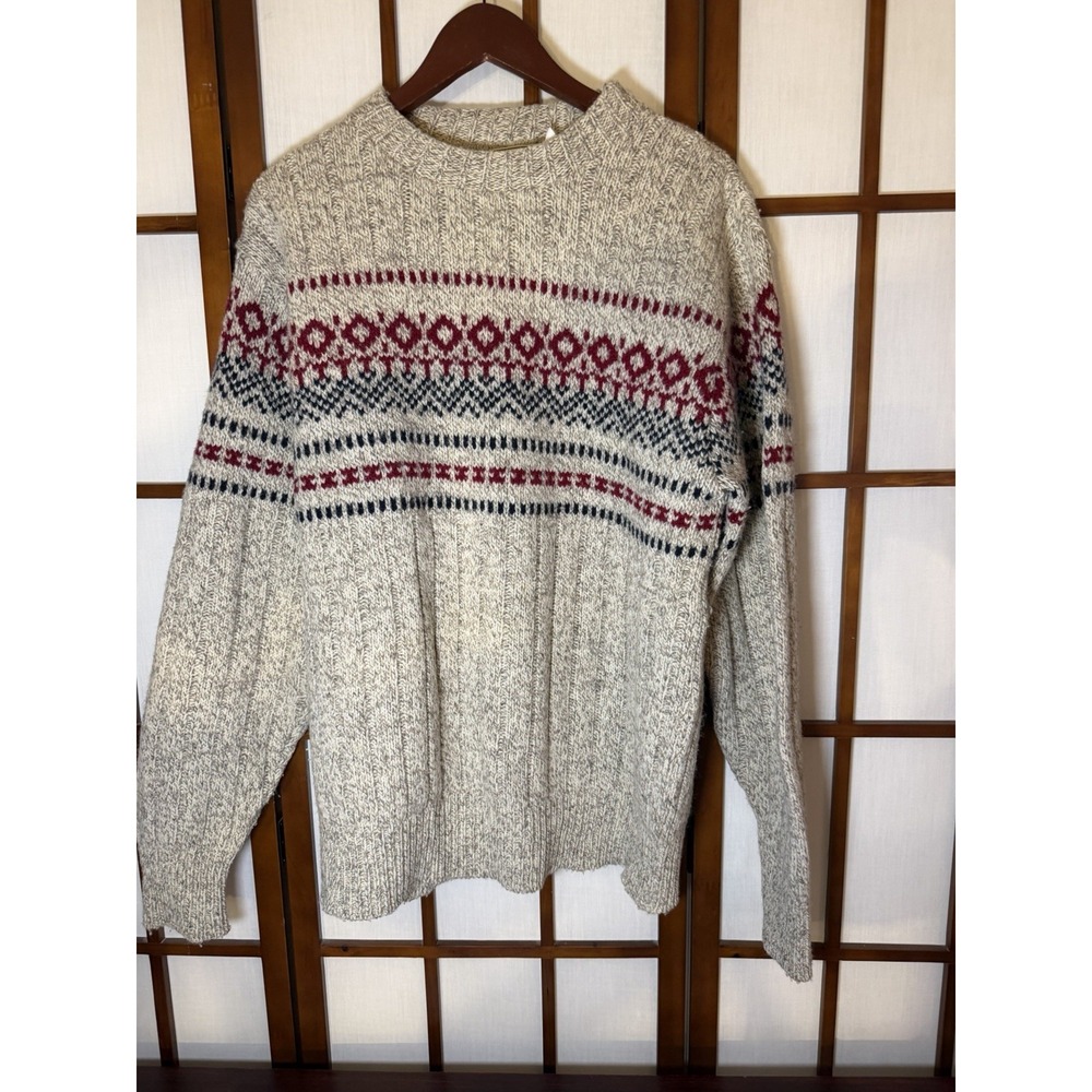 LLBean Men's XL USA Tan Red Fair Isle Wool Crewneck Gorpcore Knit 90s Vintage